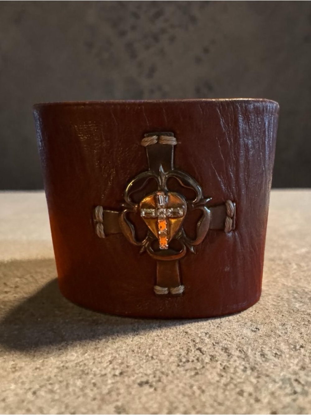Source Unknown Brown Leather Cuff Bracelet with Decorative Metal Cross